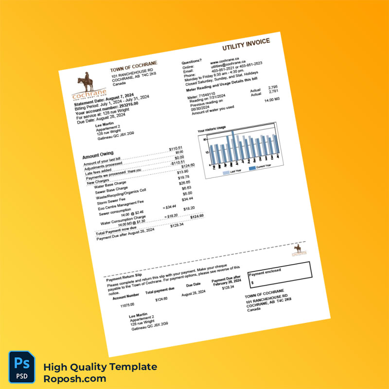 Canada Town of Cochrane Editable Water Bill Template in Word and PDF formats 2 page Canada Town of Cochrane Editable Water Bill Template in Word and PDF formats 2 page
