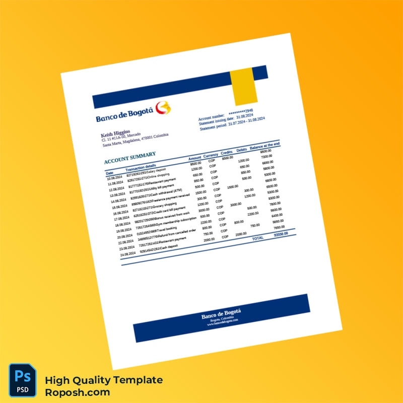 Colombia Banco de Bogotá Editable Account Statement Template in Word and PDF formats Colombia Banco de Bogotá Editable Account Statement Template in Word and PDF formats