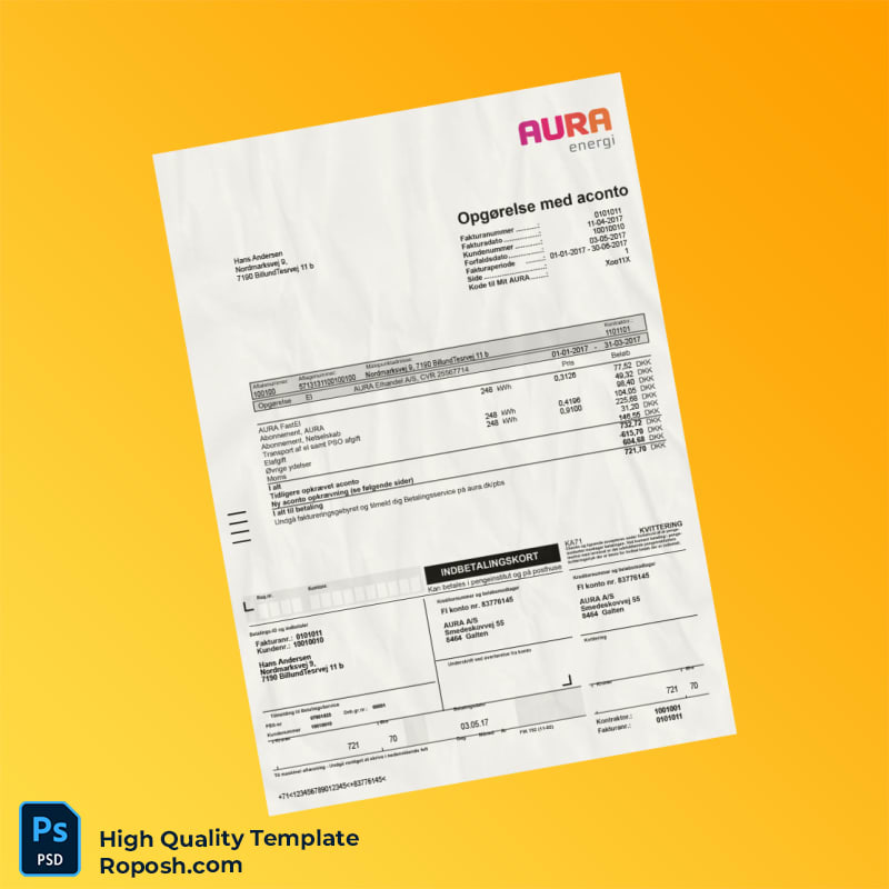 Denmark Aura Elhandels A_S Editable Utility Bill Template in Word and PDF formats Denmark Aura Elhandels A_S Editable Utility Bill Template in Word and PDF formats
