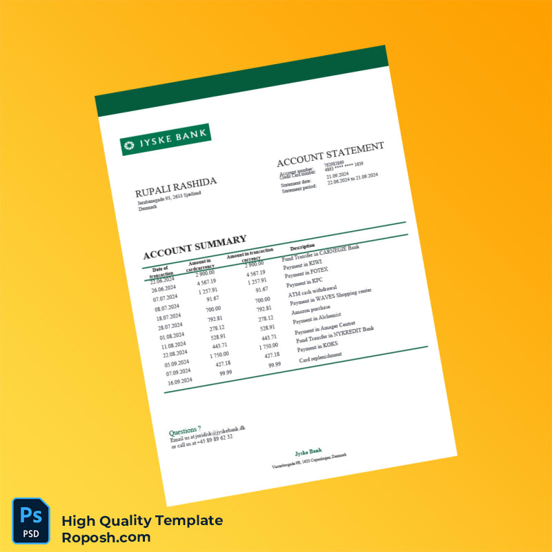 Denmark Jyske Bank Account Statement Template in Word and PDF formats Denmark Jyske Bank Account Statement Template in Word and PDF formats