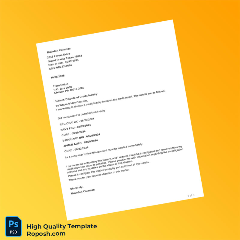 Editable Credit Inquiry Dispute Letter Template in Word and PDF formats 5 page Editable Credit Inquiry Dispute Letter Template in Word and PDF formats 5 page