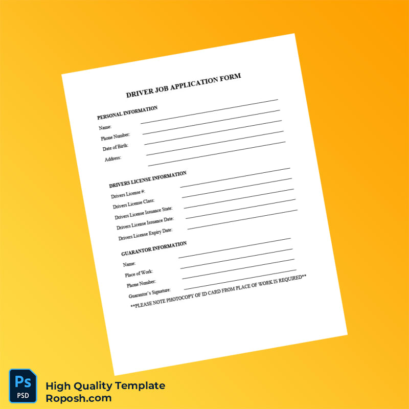 Editable Driver Job Application Form Template in Word and PDF formats 2 page Editable Driver Job Application Form Template in Word and PDF formats 2 page