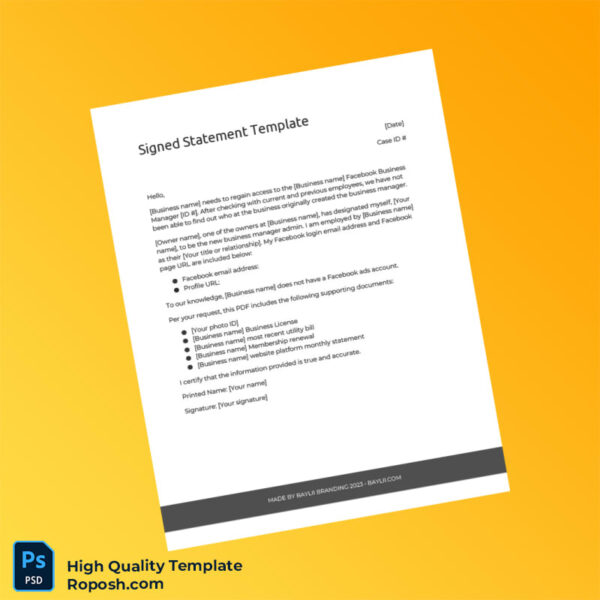 Editable Signed Statement Template in Word and PDF formats 3 page