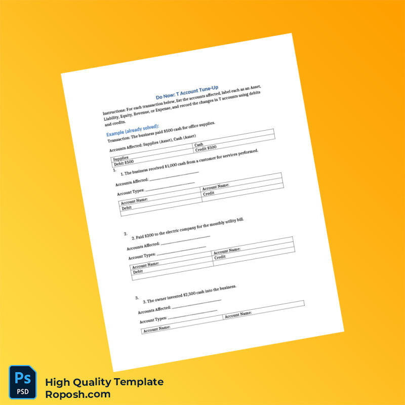 Editable T Account Refresher Do Now Template in Word and PDF formats 2 page Editable T Account Refresher Do Now Template in Word and PDF formats 2 page
