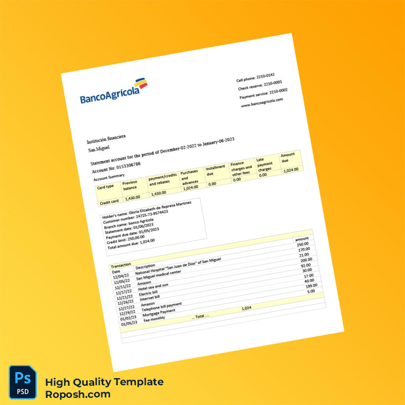 El Salvador Banco Agrícola Bank Statement Template in Word and PDF formats El Salvador Banco Agrícola Bank Statement Template in Word and PDF formats