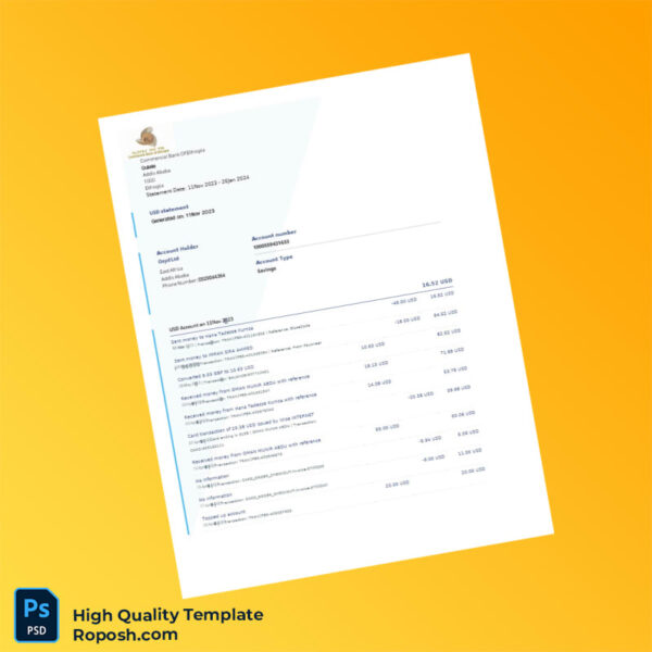Ethiopia Commercial Bank of Ethiopia Bank Statement Template in Word and PDF formats