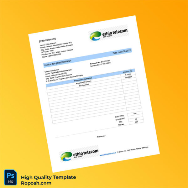 Ethiopia Ethio Telecom Editable Utility Bill Template in Word and PDF formats