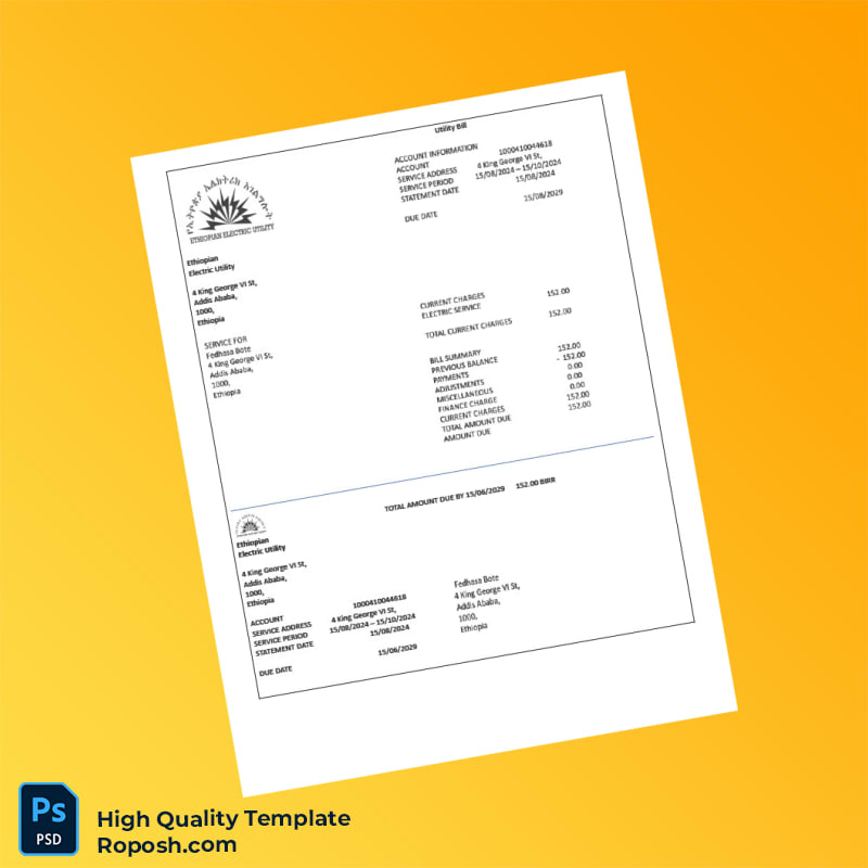 Ethiopia Ethiopian Electric Utility Editable Electricity Bill Template in Word and PDF formats Ethiopia Ethiopian Electric Utility Editable Electricity Bill Template in Word and PDF formats