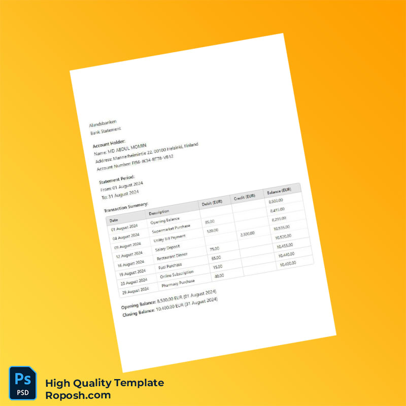 Finland Alandsbanken Editable Bank Statement Template in Word and PDF formats Finland Alandsbanken Editable Bank Statement Template in Word and PDF formats