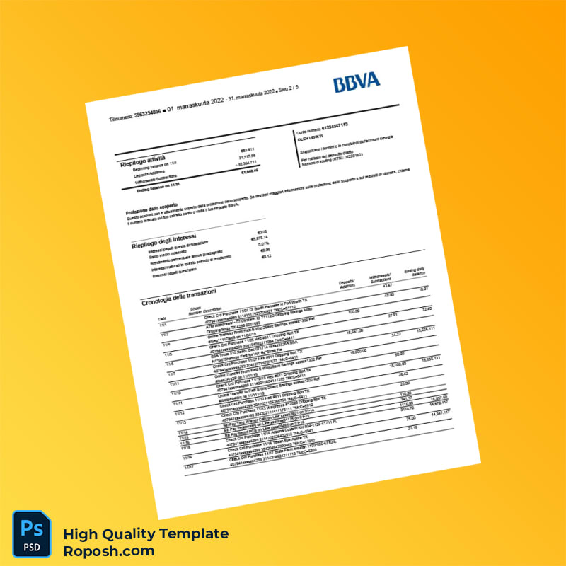Finland BBVA Bank Statement Template in Word and PDF formats 5 page Finland BBVA Bank Statement Template in Word and PDF formats 5 page