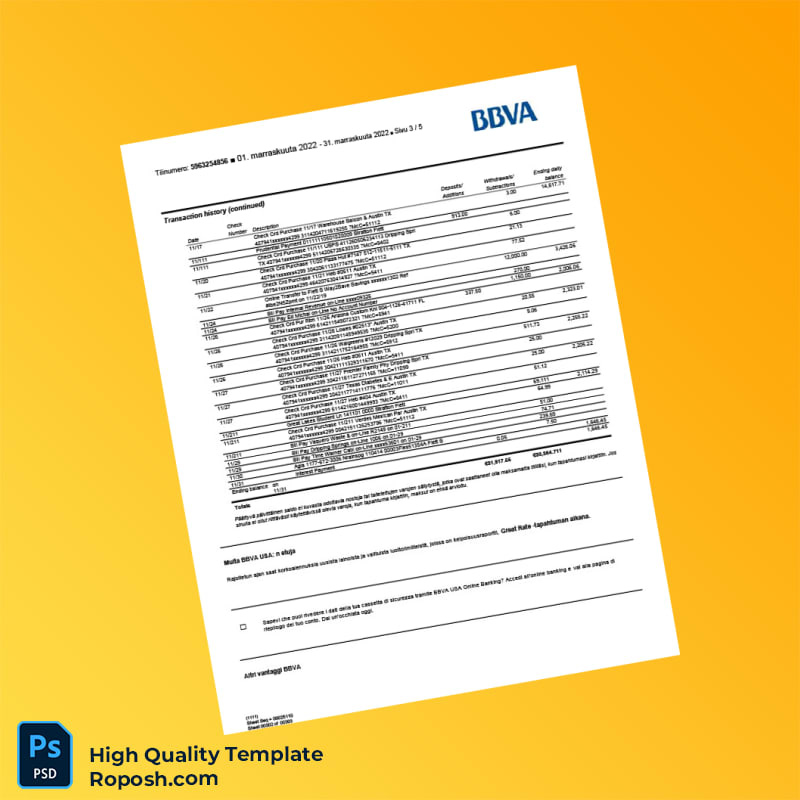 Finland BBVA Bank Statement Template in Word and PDF formats 5 page Finland BBVA Bank Statement Template in Word and PDF formats 5 page