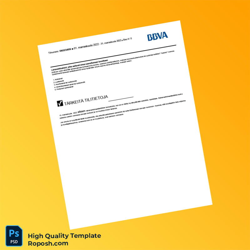 Finland BBVA Bank Statement Template in Word and PDF formats 5 page Finland BBVA Bank Statement Template in Word and PDF formats 5 page