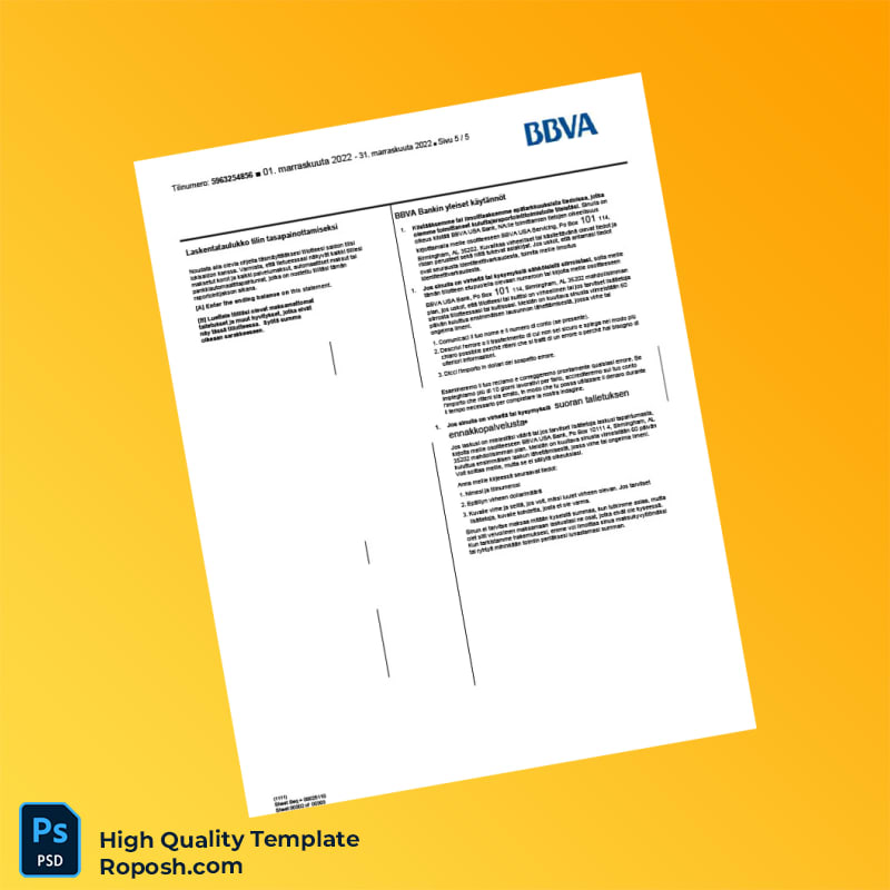 Finland BBVA Bank Statement Template in Word and PDF formats 5 page Finland BBVA Bank Statement Template in Word and PDF formats 5 page