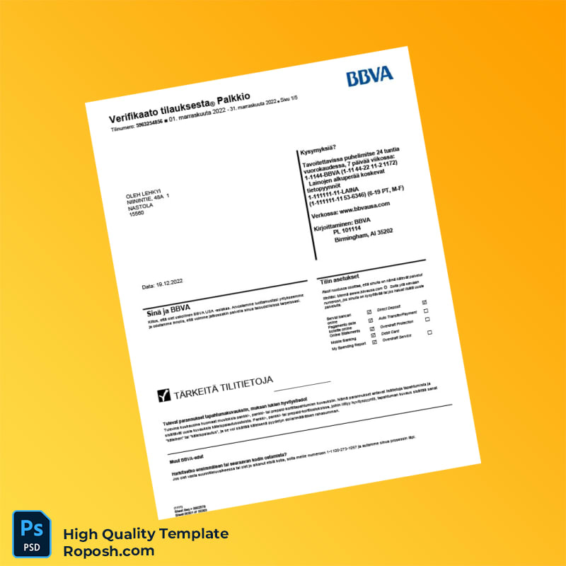 Finland BBVA Bank Statement Template in Word and PDF formats 5 page Finland BBVA Bank Statement Template in Word and PDF formats 5 page