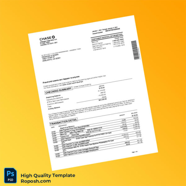 France Chase Bank Statement Template in Word and PDF formats 4 page
