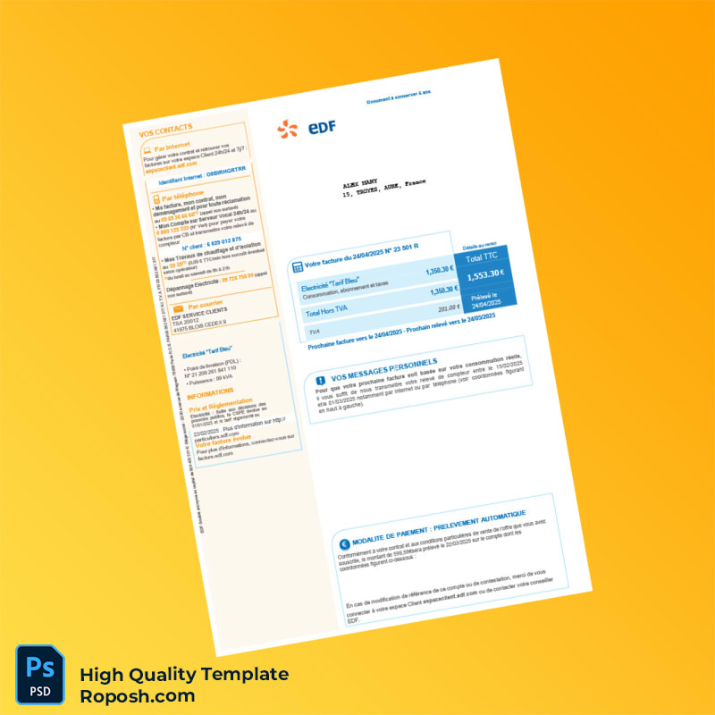 France EDF Editable Electricity Bill Template in Word and PDF formats France EDF Editable Electricity Bill Template in Word and PDF formats
