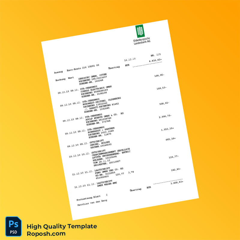 Germany Oldenburgische Landesbank Kontoauszug Template in Word and PDF formats 3 page Germany Oldenburgische Landesbank Kontoauszug Template in Word and PDF formats 3 page