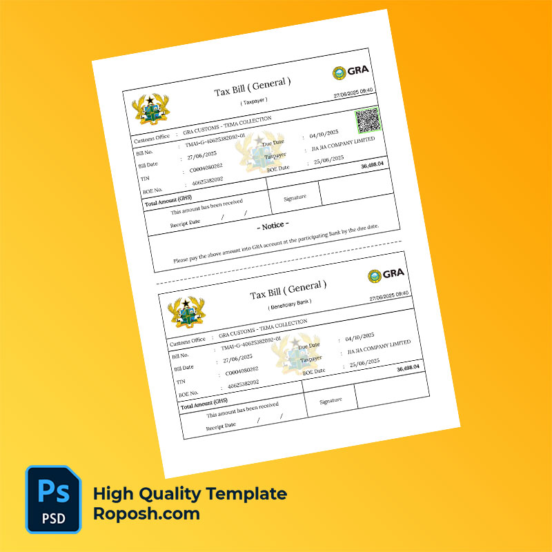 Ghana GRA Customs – Tema Collection Editable Tax Bill Template in Word and PDF formats Ghana GRA Customs – Tema Collection Editable Tax Bill Template in Word and PDF formats