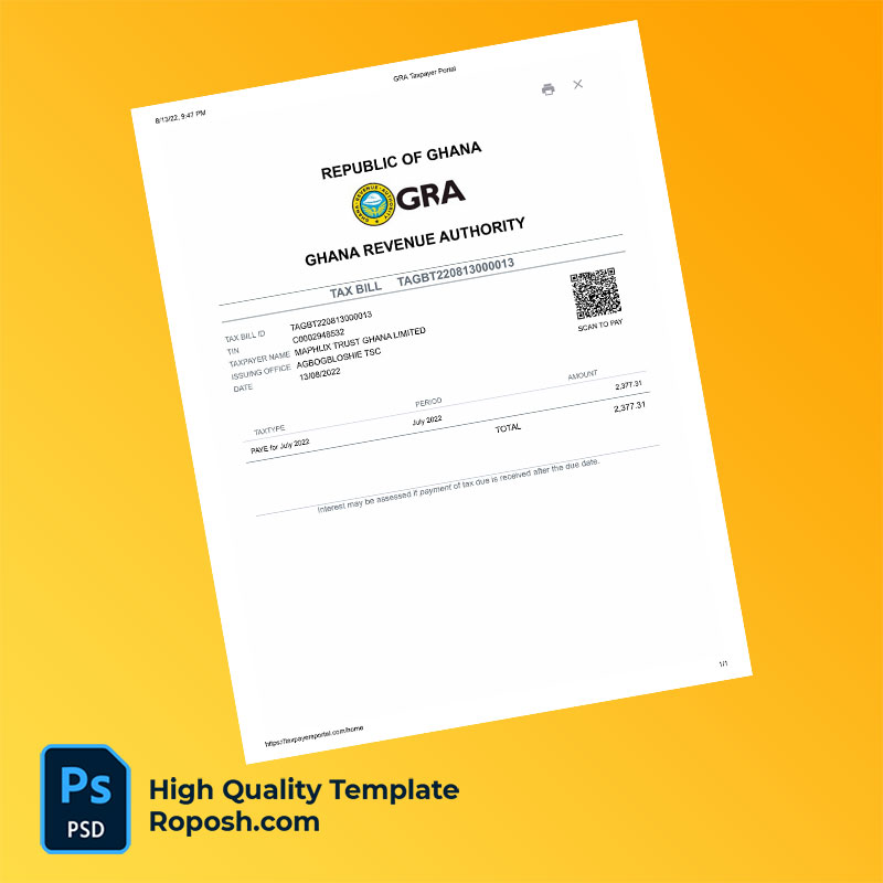 Ghana Revenue Authority Editable Tax Bill Template in Word and PDF formats Ghana Revenue Authority Editable Tax Bill Template in Word and PDF formats