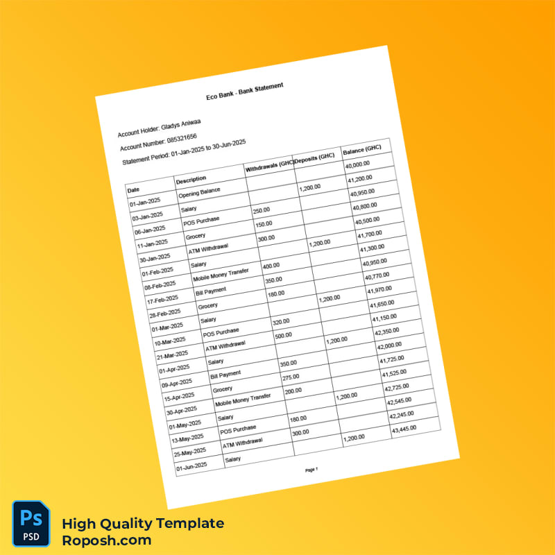 Ghana Eco Bank Bank Statement Template in Word and PDF formats 2 page Ghana Eco Bank Bank Statement Template in Word and PDF formats 2 page