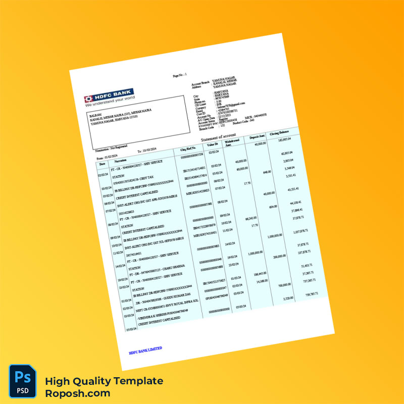 Haryana HDFC Bank Statement Template in Word and PDF formats Haryana HDFC Bank Statement Template in Word and PDF formats