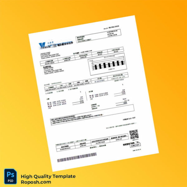 Hong Kong Water Supplies Department Editable Water Bill Template in Word and PDF formats