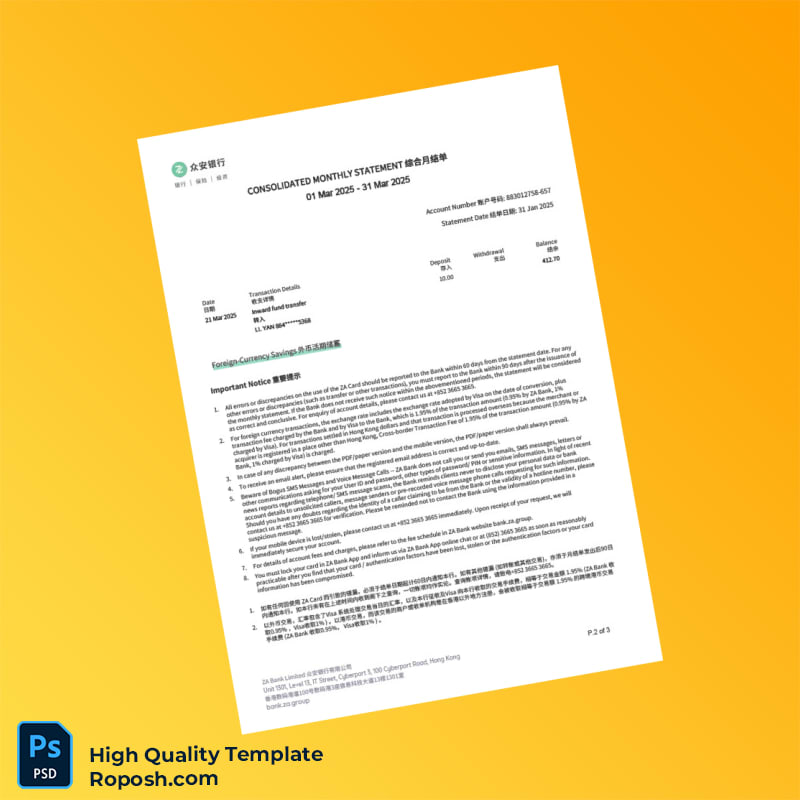 Hong Kong ZA Bank Statement Template in Word and PDF formats 3 page Hong Kong ZA Bank Statement Template in Word and PDF formats 3 page