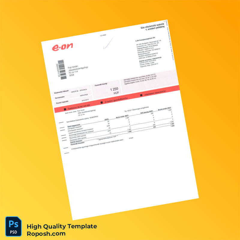 Hungary EON Editable Utility Bill Template in Word and PDF formats 2 page Hungary EON Editable Utility Bill Template in Word and PDF formats 2 page