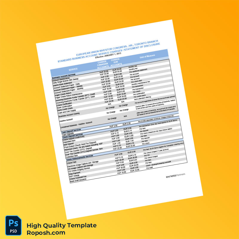 Hungary Standard Business Account Service Charges Statement of Disclosure Template in Word and PDF formats 2 page Hungary Standard Business Account Service Charges Statement of Disclosure Template in Word and PDF formats 2 page
