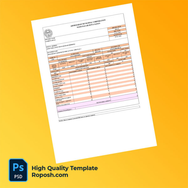 India Ahmedabad Municipal Corporation Editable Property Tax Bill Template in Word and PDF formats