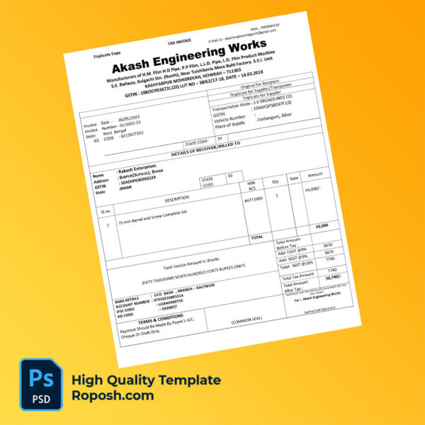 India Akash Engineering Works Editable Tax Invoice Template in Word and PDF formats
