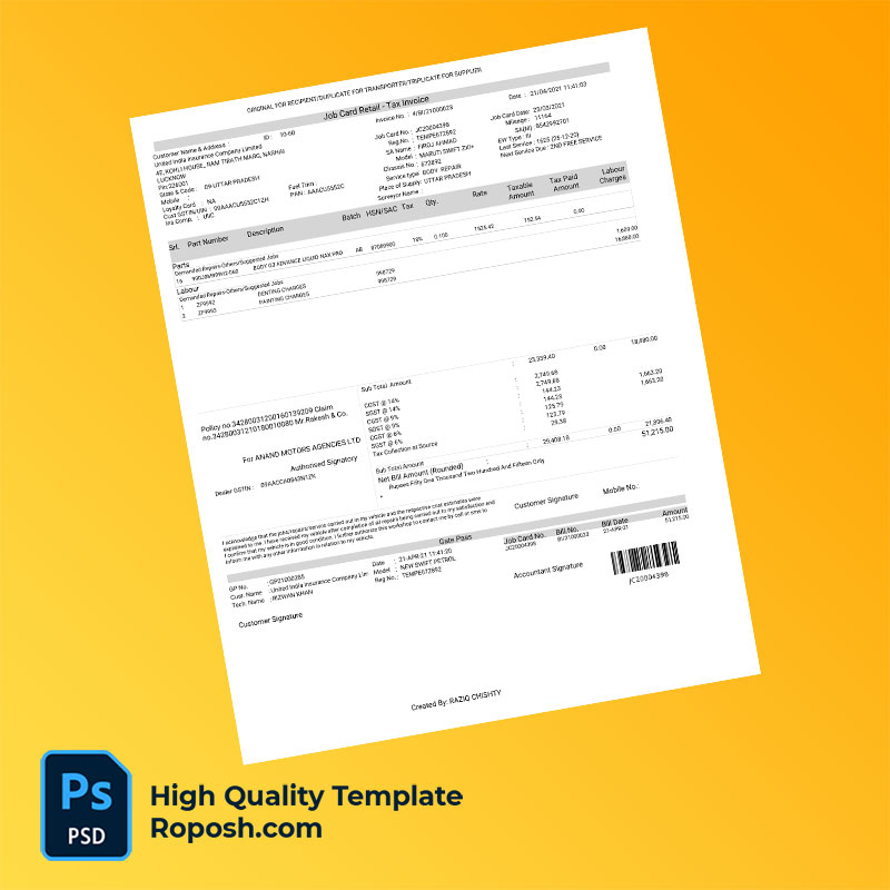 India Anand Motors Agencies Ltd Editable Body Repair Tax Invoice Template in Word and PDF formats India Anand Motors Agencies Ltd Editable Body Repair Tax Invoice Template in Word and PDF formats