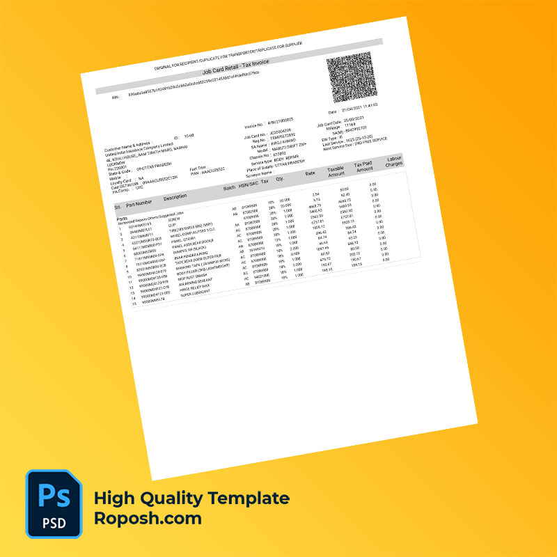 India Anand Motors Agencies Ltd Editable Body Repair Tax Invoice Template in Word and PDF formats India Anand Motors Agencies Ltd Editable Body Repair Tax Invoice Template in Word and PDF formats