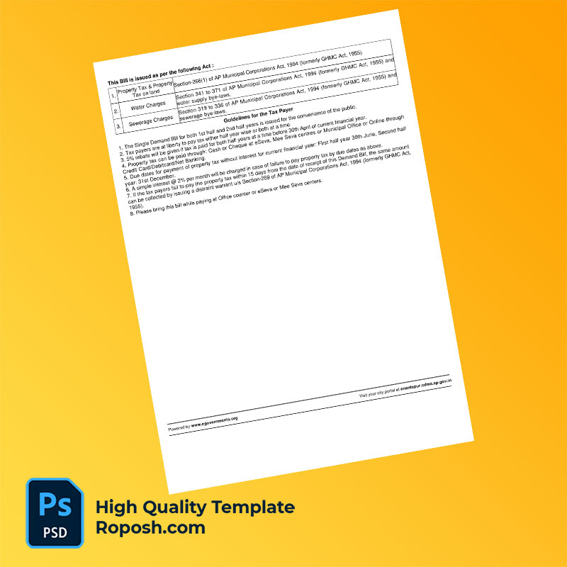 India Anantapur Municipal Corporation Editable Property Tax Bill Template in Word and PDF formats India Anantapur Municipal Corporation Editable Property Tax Bill Template in Word and PDF formats