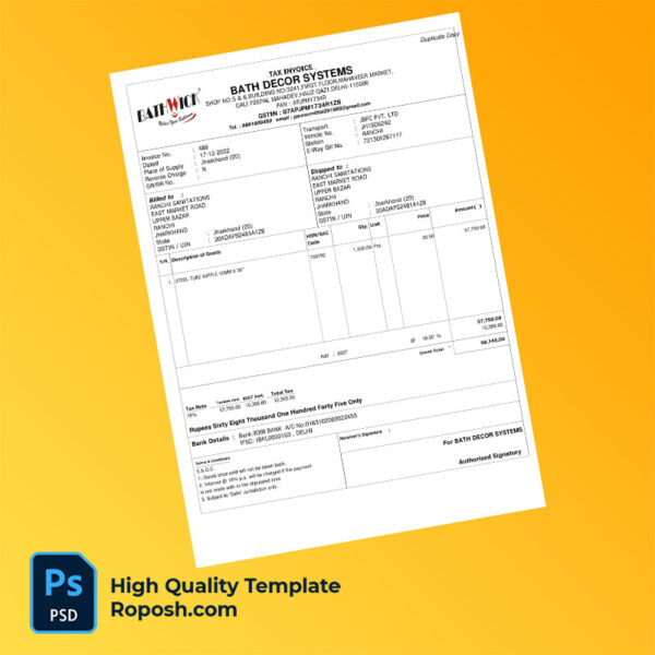 India Bath Decor Systems Editable Tax Invoice Template in Word and PDF formats