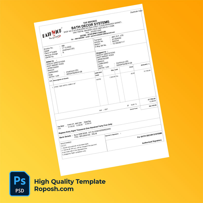 India Bath Decor Systems Editable Tax Invoice Template in Word and PDF formats India Bath Decor Systems Editable Tax Invoice Template in Word and PDF formats