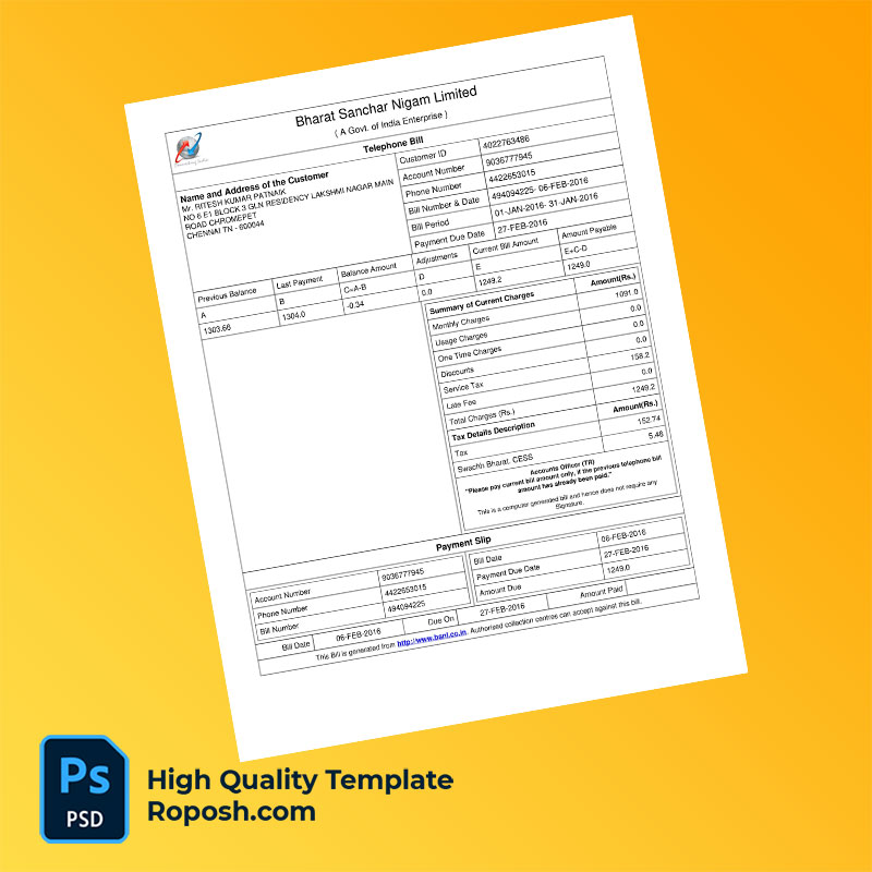 India Bharat Sanchar Nigam Limited Editable Telephone Bill Template in Word and PDF formats India Bharat Sanchar Nigam Limited Editable Telephone Bill Template in Word and PDF formats