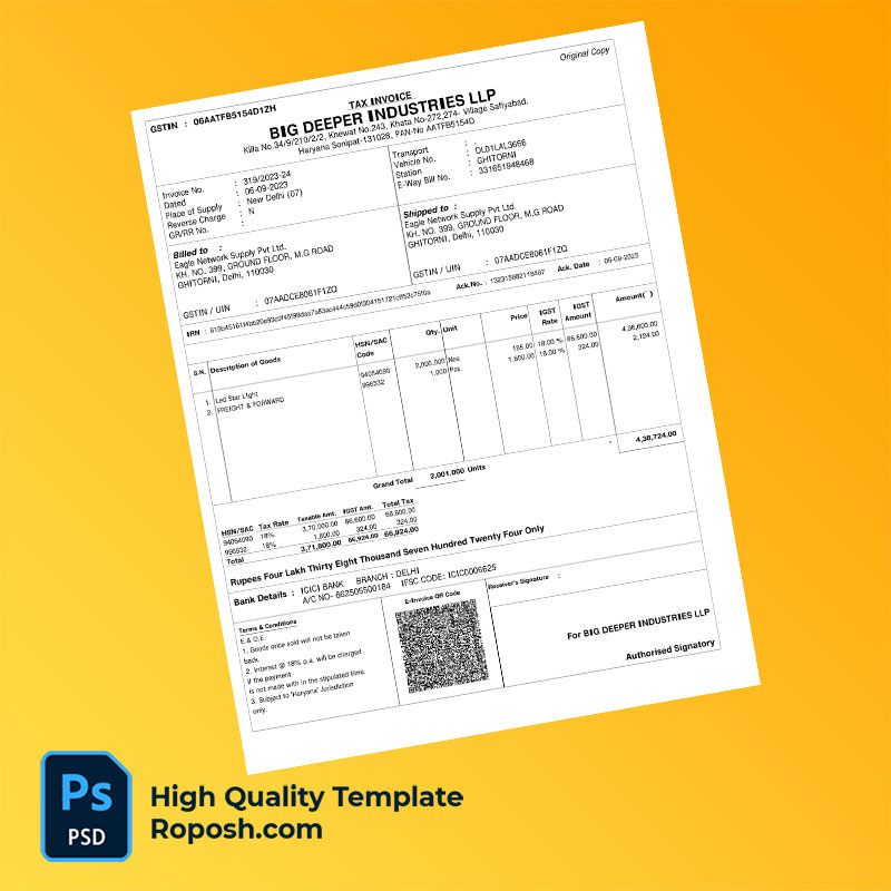 India Big Deeper Industries LLP Editable Tax Invoice Template in Word and PDF formats India Big Deeper Industries LLP Editable Tax Invoice Template in Word and PDF formats