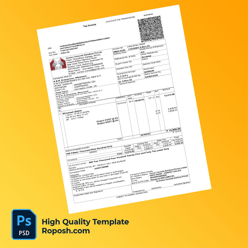 India Conecc Concrete Solutions Pvt Ltd Editable Tax Invoice Template in Word and PDF formats India Conecc Concrete Solutions Pvt Ltd Editable Tax Invoice Template in Word and PDF formats