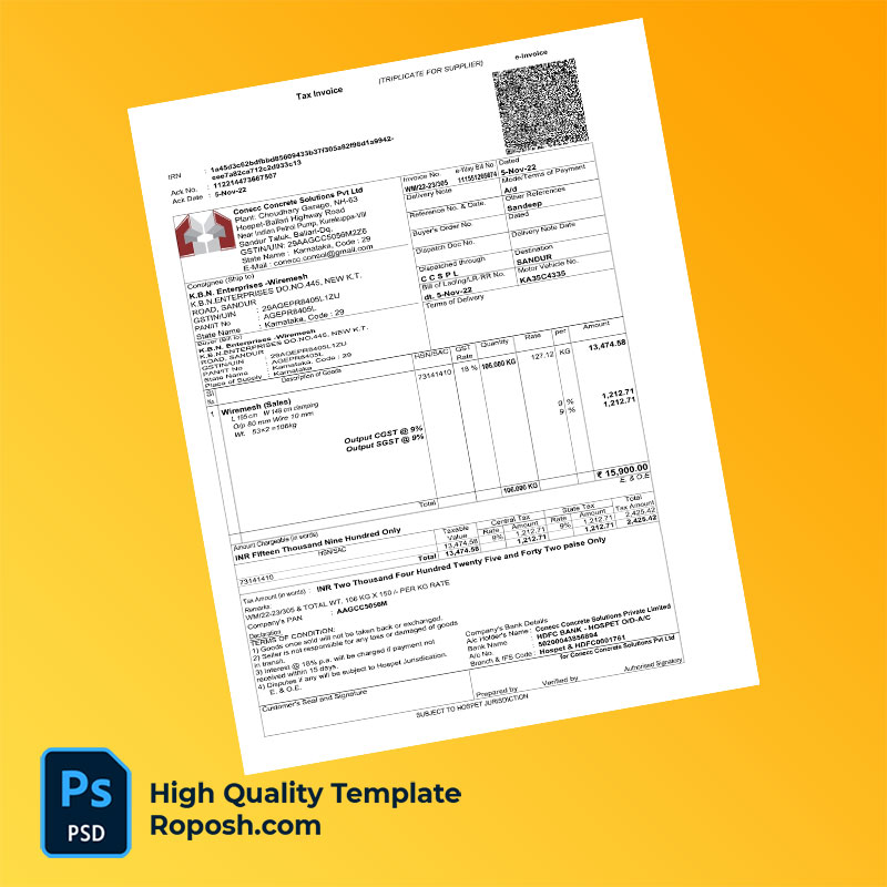 India Conecc Concrete Solutions Pvt Ltd Editable Tax Invoice Template in Word and PDF formats India Conecc Concrete Solutions Pvt Ltd Editable Tax Invoice Template in Word and PDF formats