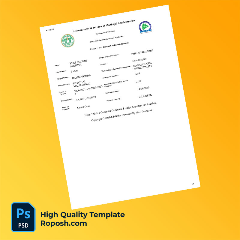 India Dammaiguda Municipality Editable Property Tax Bill Template in Word and PDF formats India Dammaiguda Municipality Editable Property Tax Bill Template in Word and PDF formats