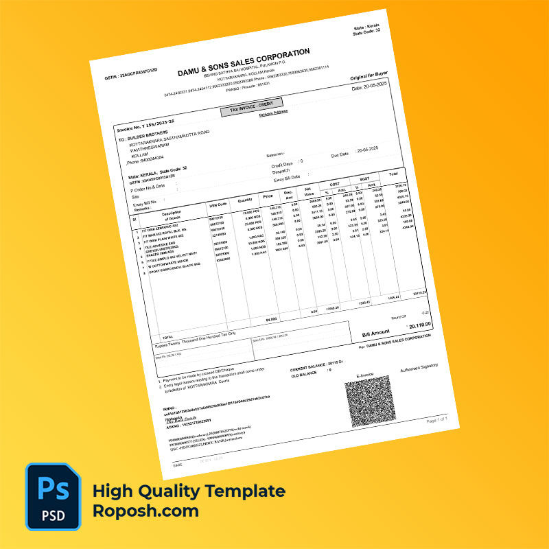 India Damu & Sons Sales Corporation Editable Tax Invoice Template in Word and PDF formats India Damu & Sons Sales Corporation Editable Tax Invoice Template in Word and PDF formats