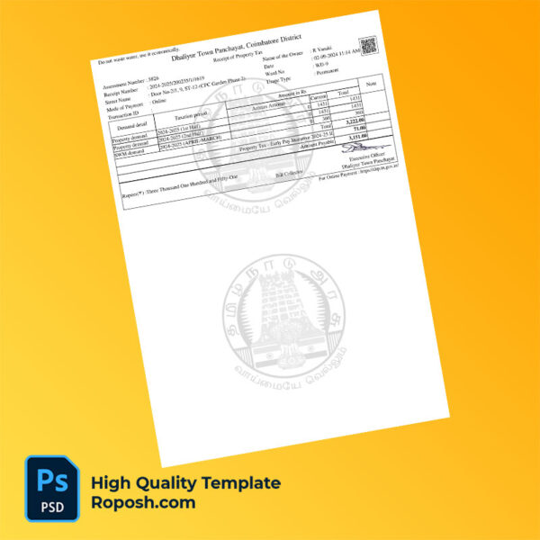 India Dhaliyur Town Panchayat Editable Property Tax Receipt Template in Word and PDF formats