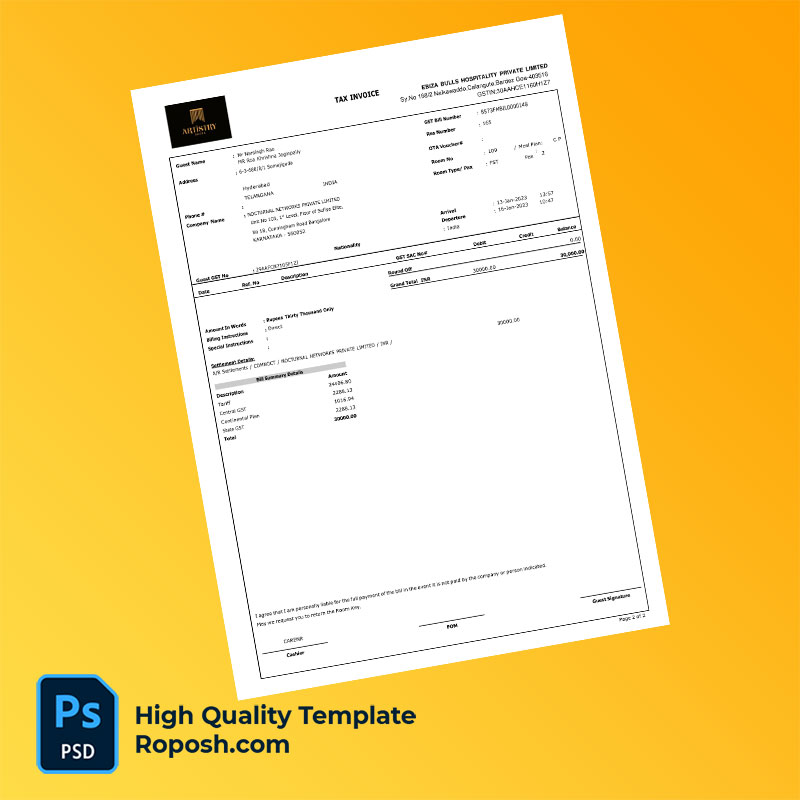 India Ebiza Bulls Hospitality Private Limited Editable Tax Invoice Template in Word and PDF formats India Ebiza Bulls Hospitality Private Limited Editable Tax Invoice Template in Word and PDF formats