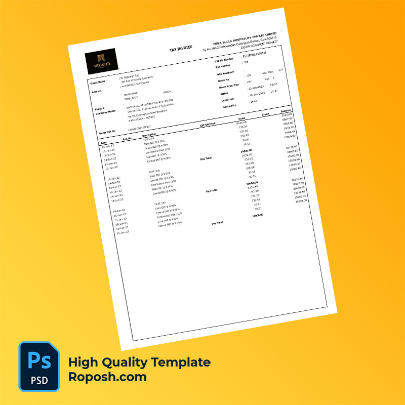 India Ebiza Bulls Hospitality Private Limited Editable Tax Invoice Template in Word and PDF formats India Ebiza Bulls Hospitality Private Limited Editable Tax Invoice Template in Word and PDF formats
