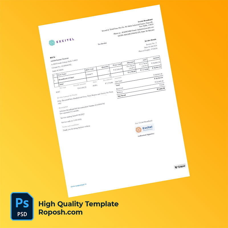 India Excitel Broadband Pvt Ltd Editable Broadband Bill Template in Word and PDF formats India Excitel Broadband Pvt Ltd Editable Broadband Bill Template in Word and PDF formats