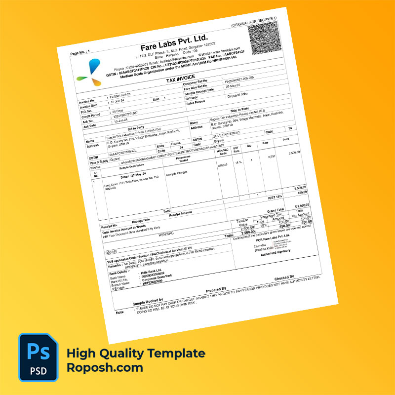 India Fare Labs Pvt Ltd Editable Tax Invoice Template in Word and PDF formats India Fare Labs Pvt Ltd Editable Tax Invoice Template in Word and PDF formats