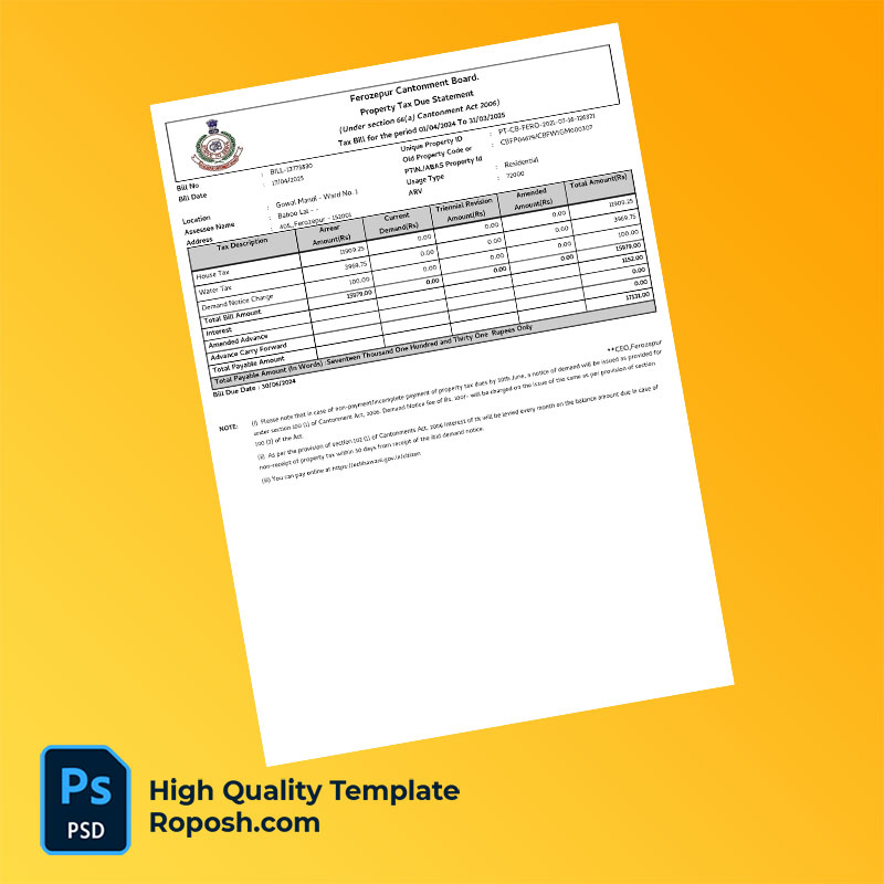 India Ferozepur Cantonment Board Editable Property Tax Bill Template in Word and PDF formats India Ferozepur Cantonment Board Editable Property Tax Bill Template in Word and PDF formats