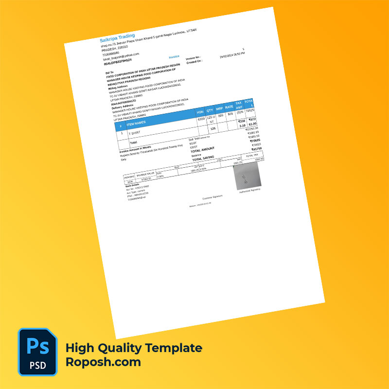 India Food Corporation of India Editable Invoice Template in Word and PDF formats India Food Corporation of India Editable Invoice Template in Word and PDF formats