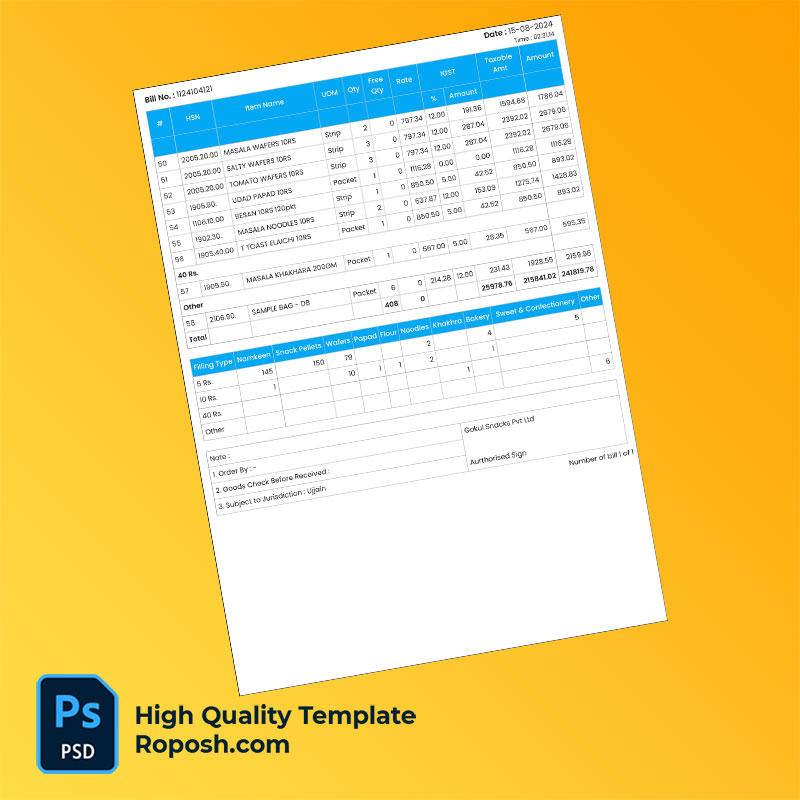India Gokul Snacks Pvt Ltd Editable Tax Invoice Template in Word and PDF formats India Gokul Snacks Pvt Ltd Editable Tax Invoice Template in Word and PDF formats